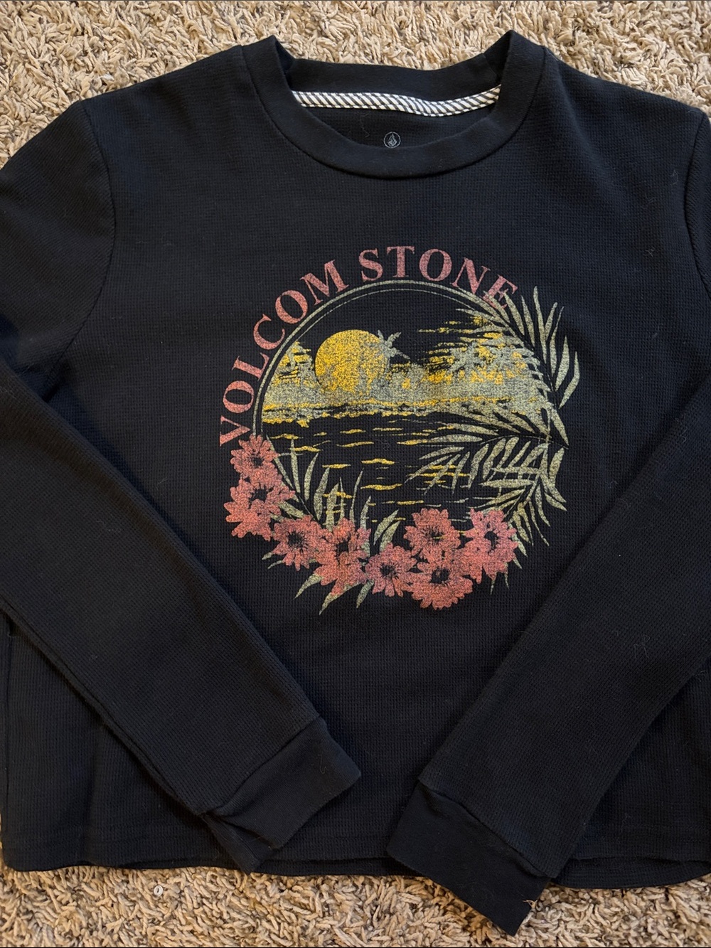 Volcom Black Long Sleeve Graphic Tee with Sunset Floral Print